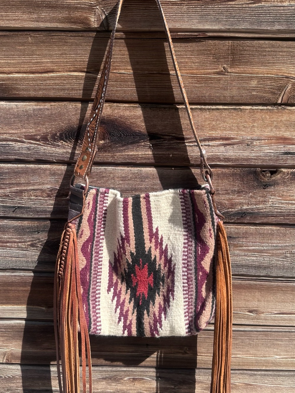 Southwestern Fringe Crossbody Bag in Cream and Burgundy